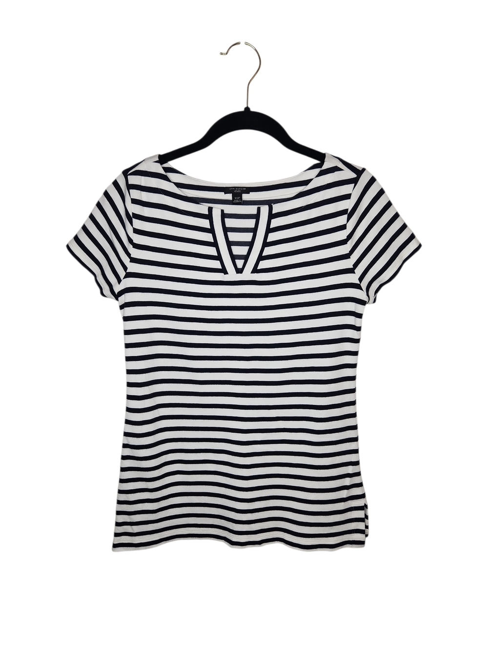 Ann Taylor Est 1954 Striped V-Neck Short-Sleeve Tee - Black & White Size XSP